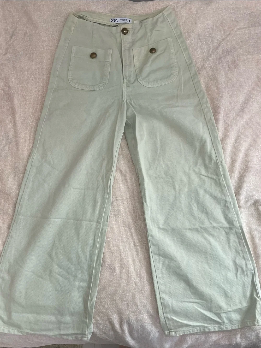 Zara Woman Mint Green Wide-Leg Jeans Front Patch pockets size 2 100% cotton - Picture 2 of 12